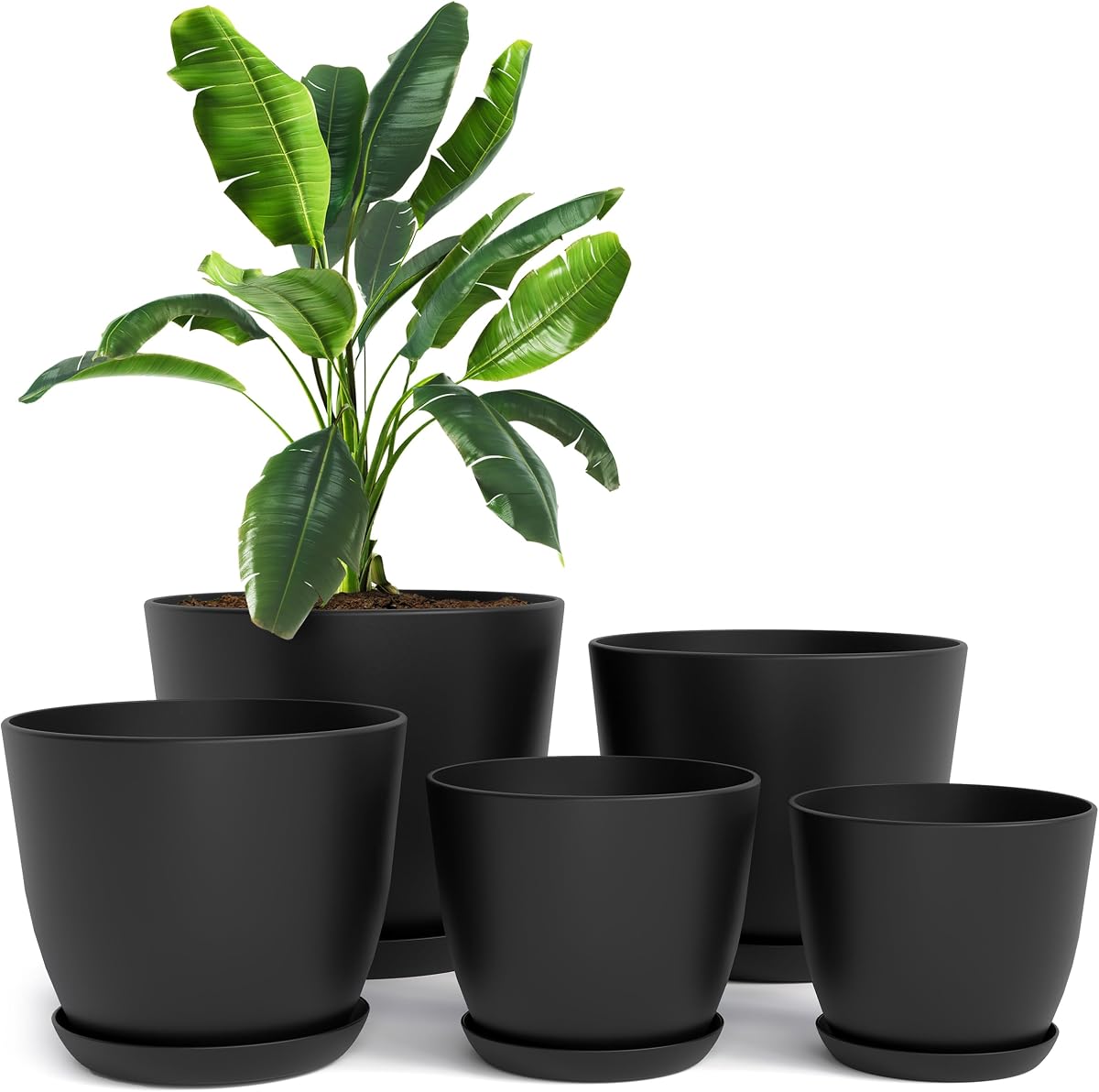 Macetas para interiores con drenaje, juego de 5 maceteros de varios tamaños, negro | Orificios de drenaje incluidos Múltiples tamaños 7/6.6/6/5.3/4.8 En Plantas y flores de interior Construcción de plástico duradero
