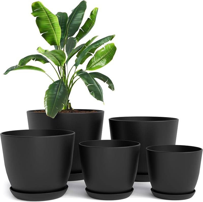 Macetas para interiores con drenaje, juego de 5 maceteros de varios tamaños, negro | Orificios de drenaje incluidos Múltiples tamaños 7/6.6/6/5.3/4.8 En Plantas y flores de interior Construcción de plástico duradero