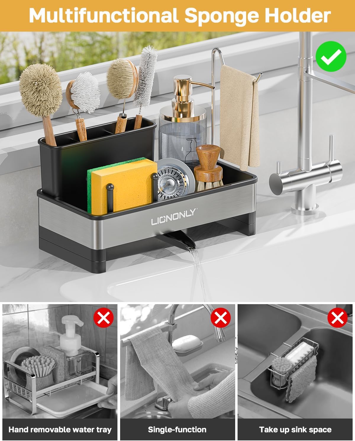 Sponge Holder for Kitchen Sink with Drain Spout, 304 Stainless Steel Sink Caddy with Brush Holder