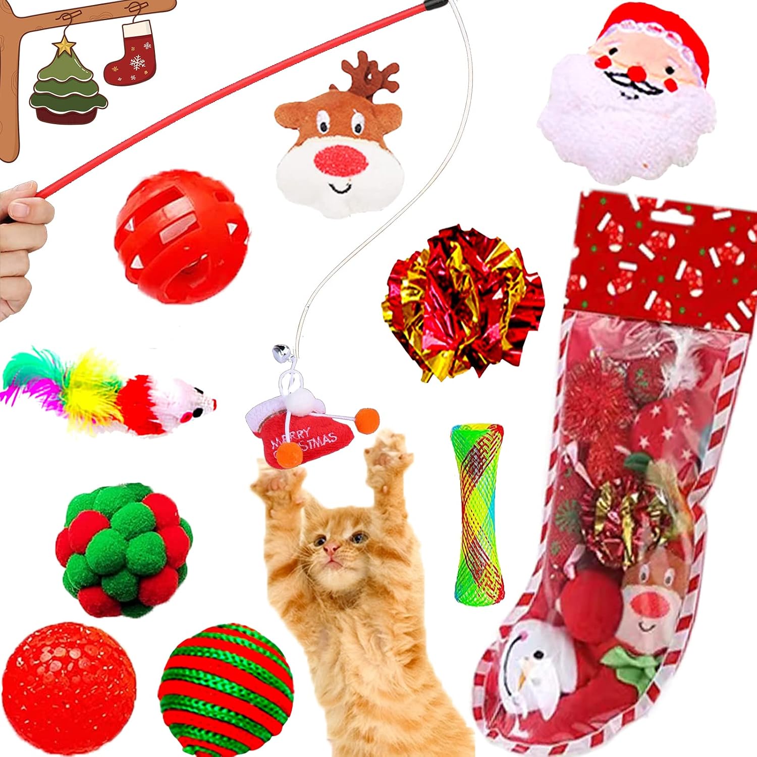 SUGVUHO Cat Toy Christmas Stocking-10PCS Christmas Cat Toy Cat Stocking Cat Christmas Stocking Cat Christmas Toy for Cat Christmas Cat…