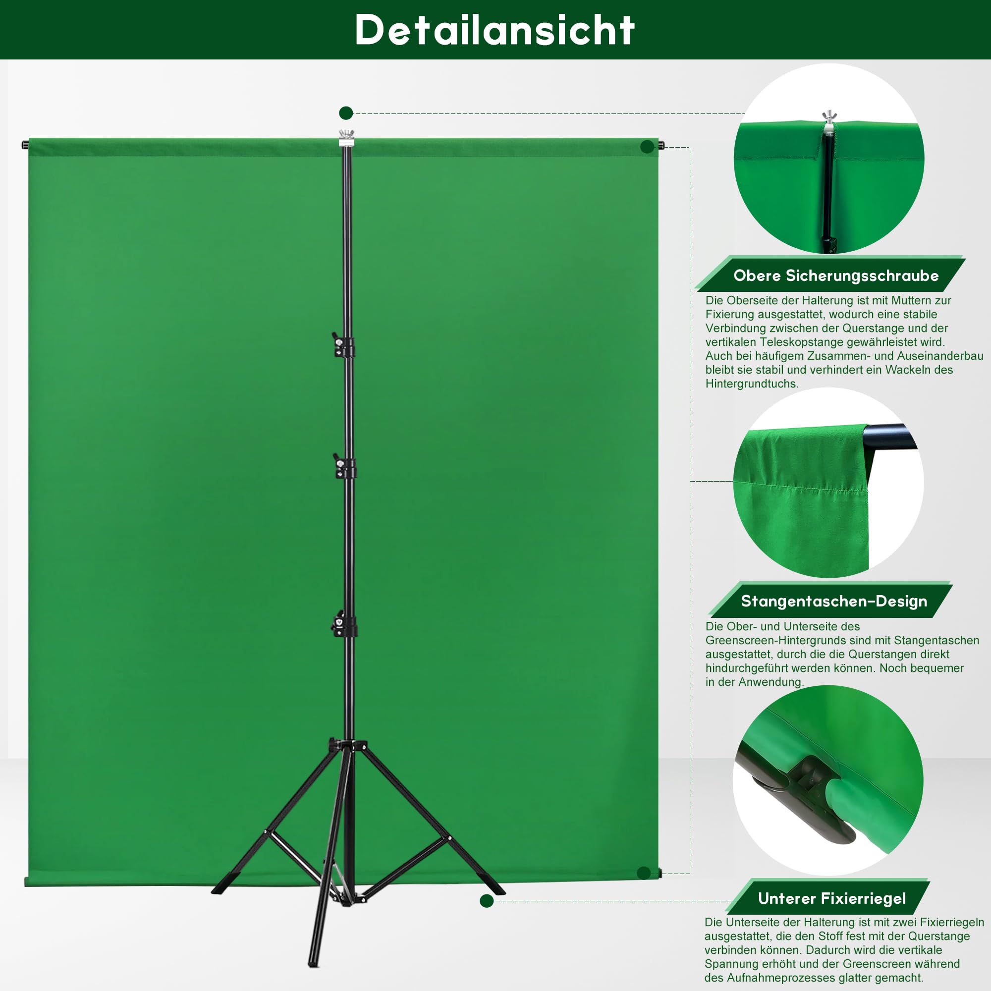 Kavier Fond Vert avec Support 2x1,5m Kit de Studio avec Double Barre Transversale pour Stabilité Maximale – Écran Chroma Key Pliable pour Streaming, Gaming & Réunions en Ligne