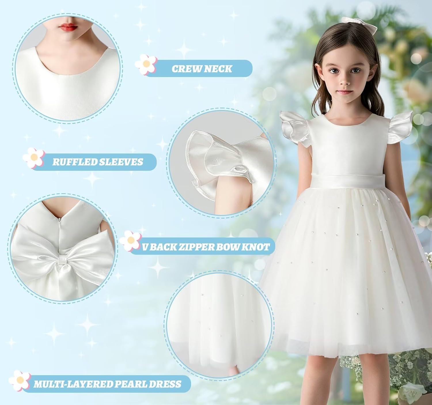 Satin Flower Girl Dress V-Back Ruffle Sleeve Dresses Girls Tulle Dress for Wedding First Communion with Bow-Knot - Image 4