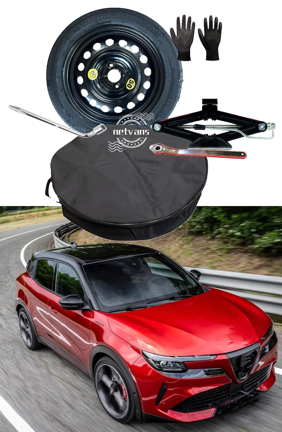 Kit Ruotino di Scorta 16" compatibile con Alfa Romeo Junior con Cric, Chiave, Guanti e Sacca