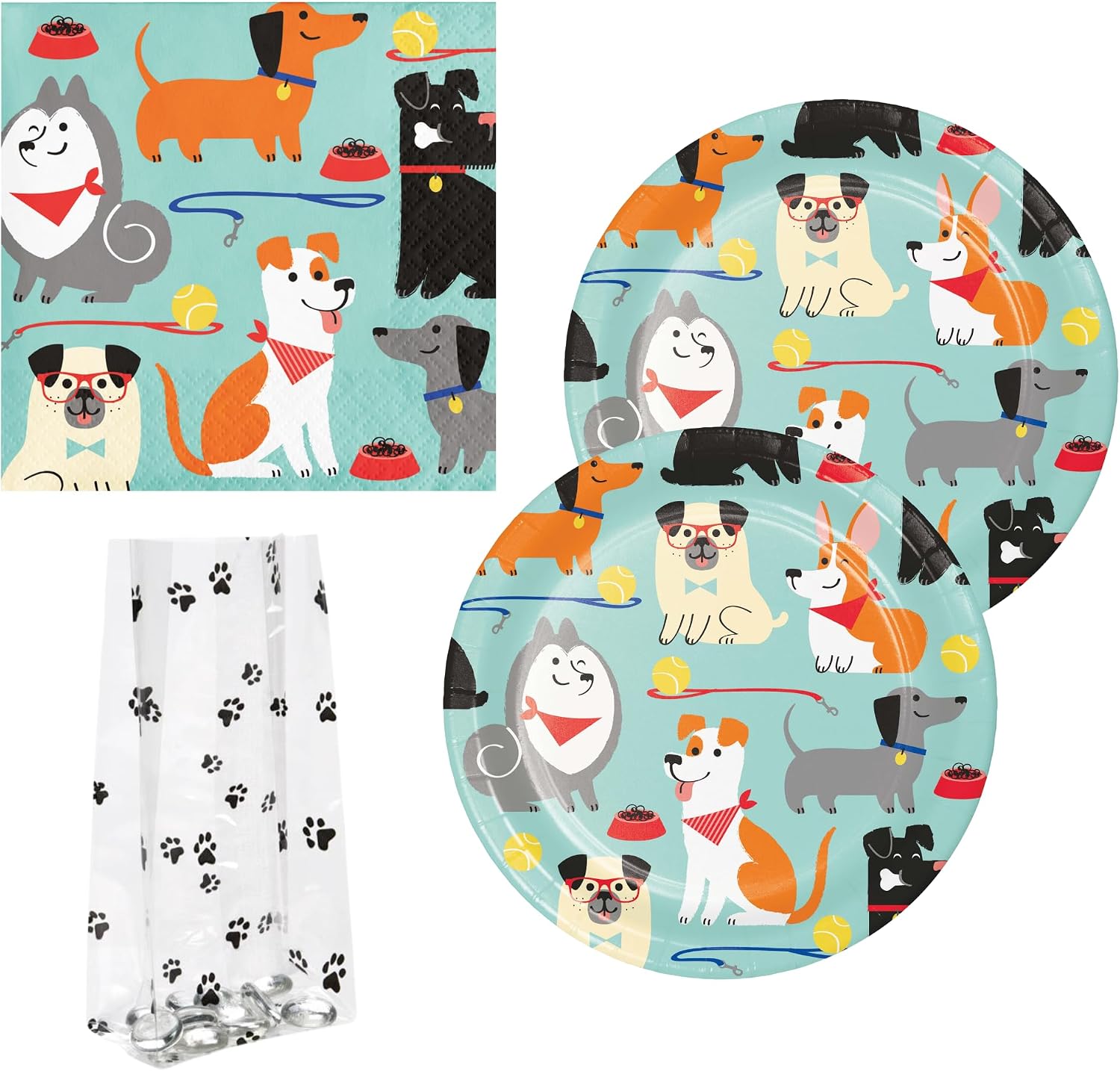 64 Piece Disposable Party Supplies Bundle for 16 Guests: Kit includes 16 Plates, 16 Napkins, and 16 Printed Cello Gift Bags with 16 Twist Ties (Dog Party)