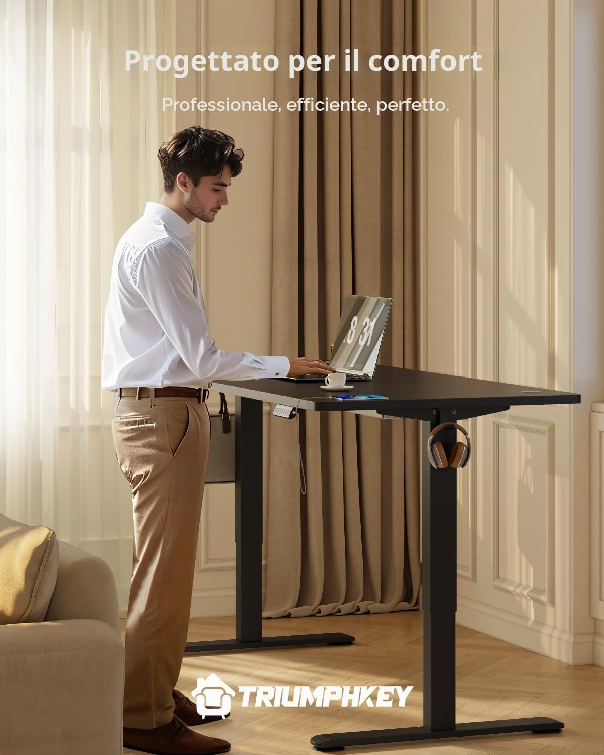 TRIUMPHKEY Scrivania Elettrica Regolabile in Altezza, 160 x 80 cm, 3 Funzioni Memoria, Porta USB, Con 2 ganci, Tavola Splice Standing desk, In Piedi Adatta Per Casa E Ufficio, Nero+Nero
