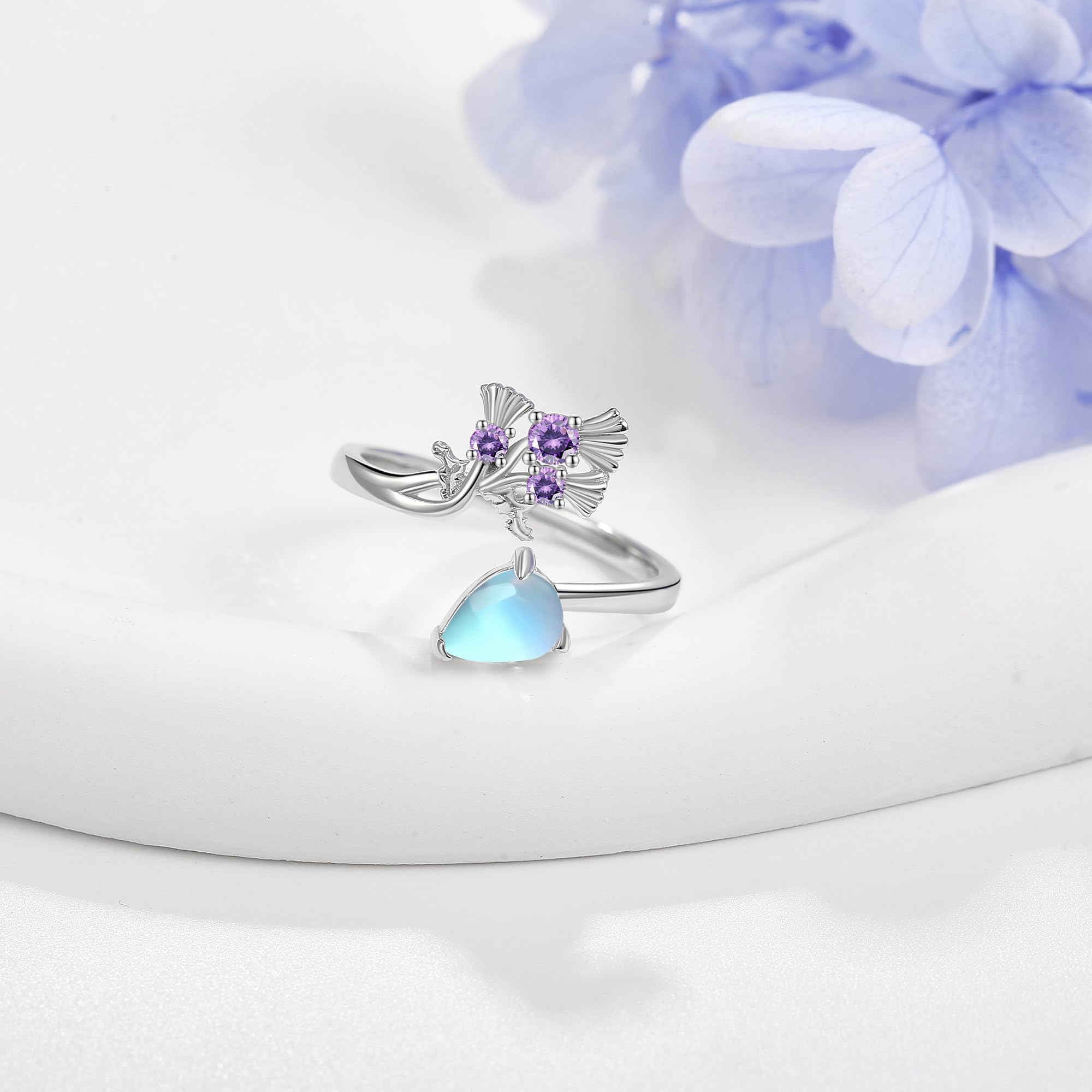 Schottische Distel Ringe 925 Sterling Silber Mondstein Distel Verstellbare Ringe Schottland Muttertag Schmuck Weihnachten Geschenk für Damen Frauen