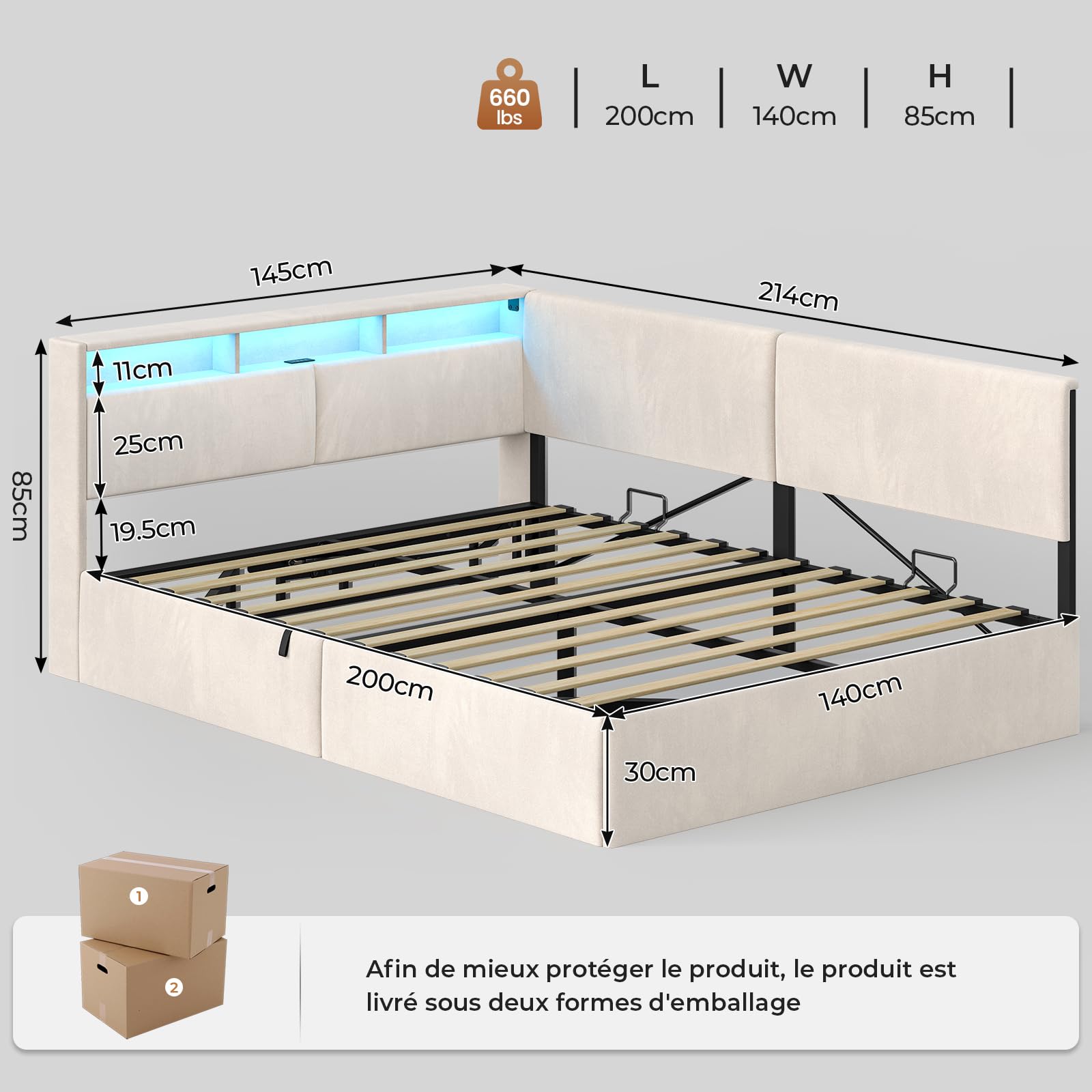 AOGLLATI Polsterbett Schlafsofa 140x200 mit USB-Steckdosen & hydraulischem Stauraum, Betten 140x200 mit LED-Kopfteil & Lattenrost, Kinderbett Tagesbett, Doppelbett, Beige Samt (ohne Matratze)