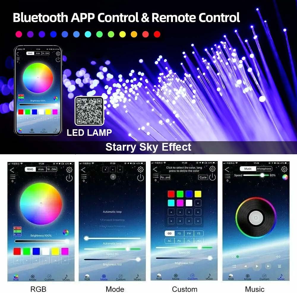 Smartphone screen showing the Bluetooth APP interface for controlling the starlight headliner, with color wheel, mode selection, custom color options, and music sync features.