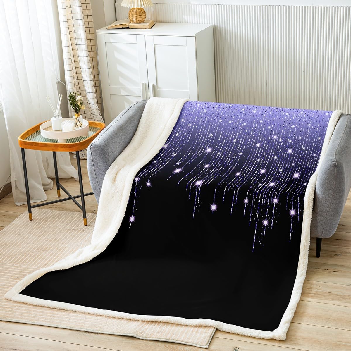 Abstract Ombre Fleece Blanket,Dreamy Lavender Stars Galaxy Glitter Bed Blanket for Kids Teens,Modern Abstract Minimalist Flannel Blanket for Room Decor,Queen 90"x90"