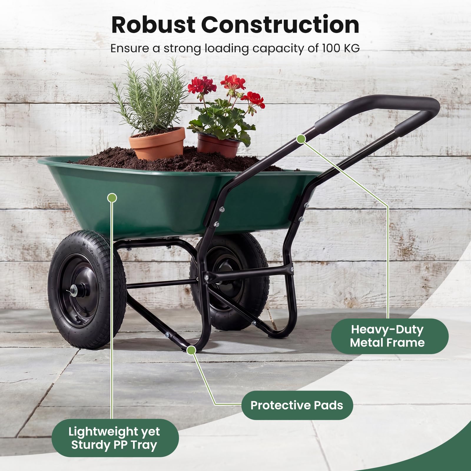 TANTASK - Carriola da giardino a 2 ruote, 78 l, con funzione di ribaltamento, telaio in metallo, portata 100 kg, carriola da giardino, carrello da trasporto per giardino e cortile (verde)