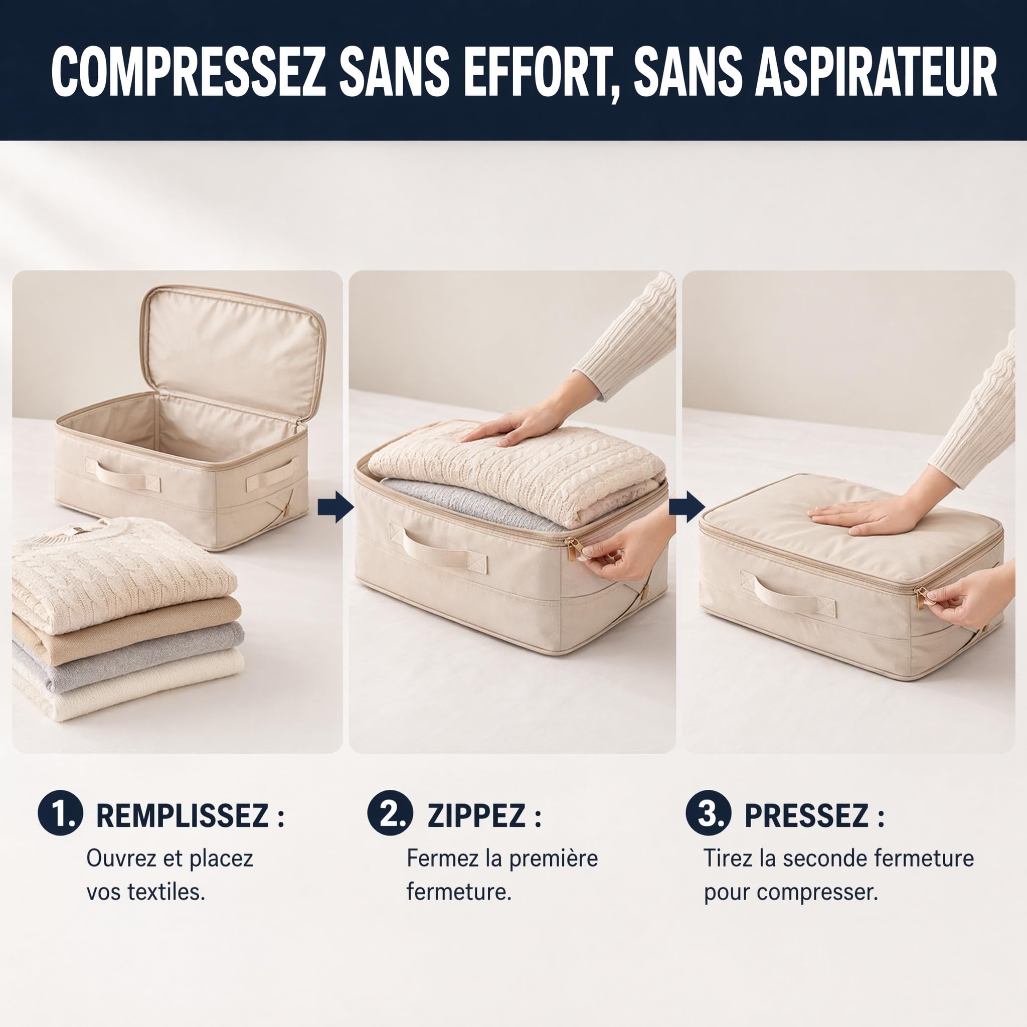 Sac de Compression Ultime sans Aspirateur, Gain de Place pour la Maison, Résistant à l’Humidité, Sac de Rangement sous Vide pour Couettes, Vêtements (BEIGE,SET-2)