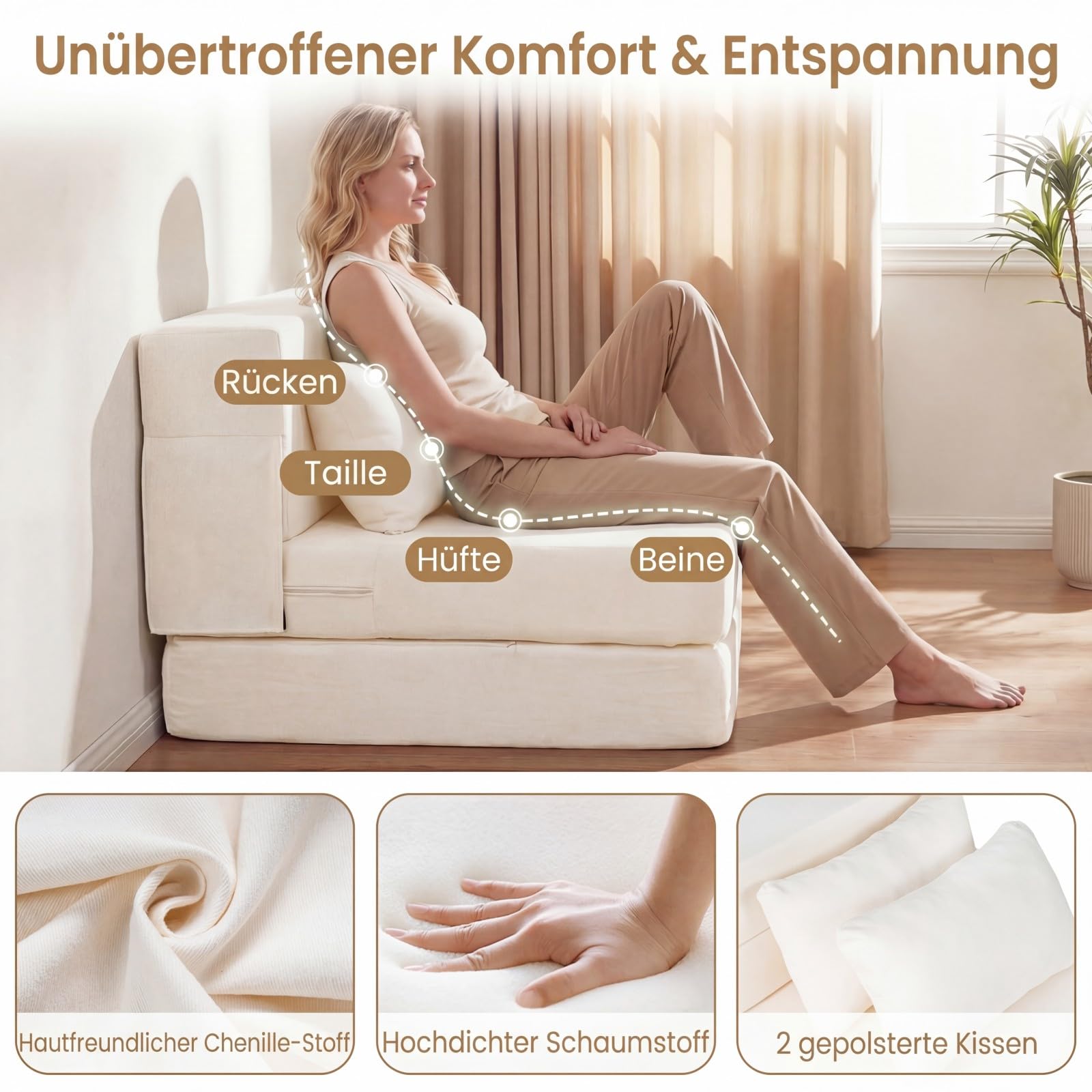 COSTWAY Schlafsofa Klappbar, 3-in-1 Bodensofa mit Schlaffunktion, Schlafsessel aus Chenille-Stoff inkl. 2 Kissen, Sofabett für Wohnzimmer, Schlafzimmer, Home Office (Beige,1-Sitzer)