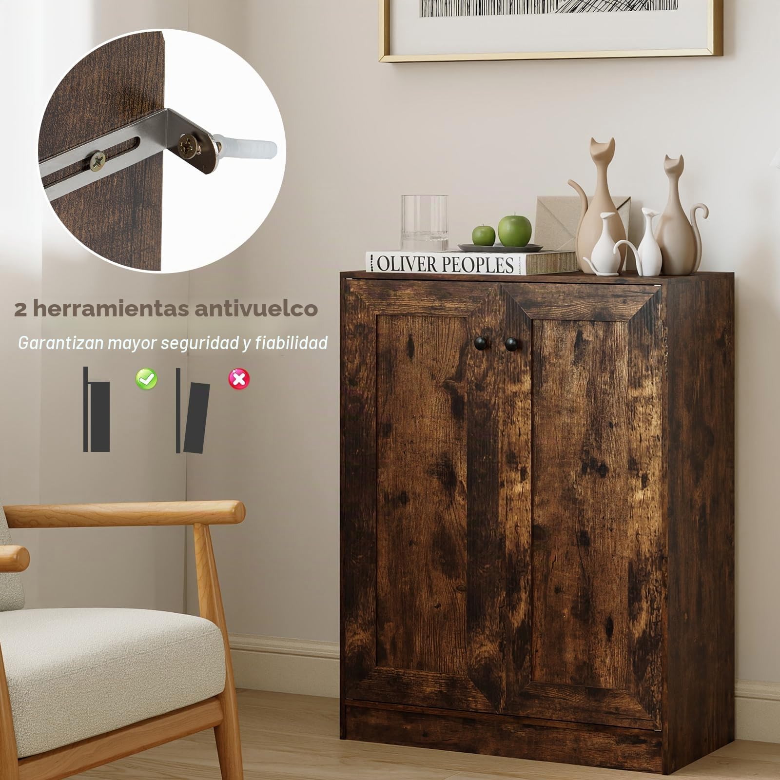 KOMFOTTEU Aparador Bajo con 2 Puertas, Mueble Buffet de 3 Niveles con 2 Estantes Ajustables, Armario de Almacenamiento con Kit Antivuelco, para Salón, Comedor, Entrada, 60 x 30 x 80 cm (Industrial)