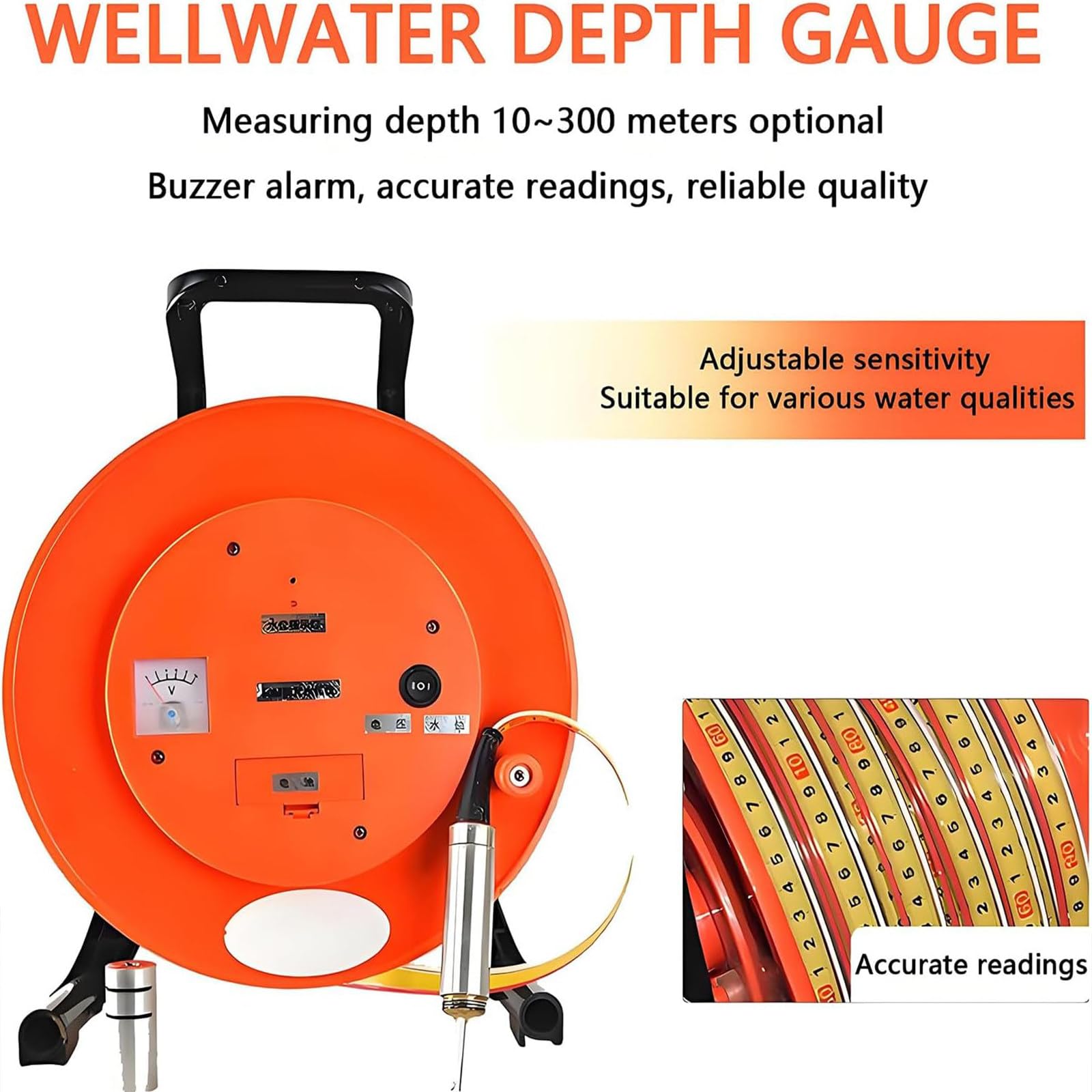 Medidor de nivel de agua con sonda de acero inoxidable y cinta, medidor de profundidad con voltímetro y alerta de zumbador para pozos, pozos, depósitos
