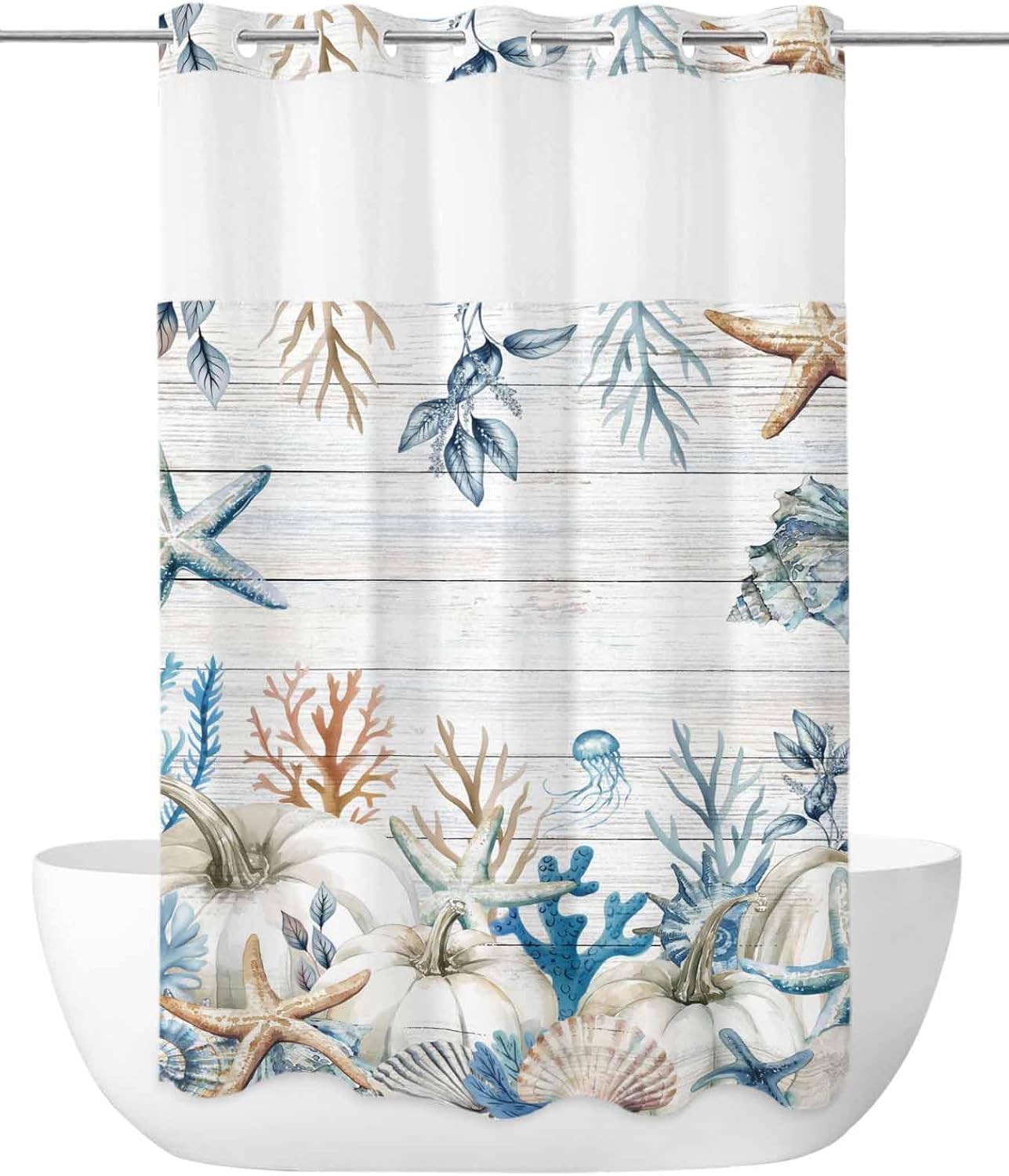 No Hook Shower Curtains, Fall Pumpkins Coastal Small Shower Curtains with Snap in Liner, Summer Fall Coral Wooden Waterproof Washable Fabric Bathroom Shower Curtain Sets, 36" x 72"