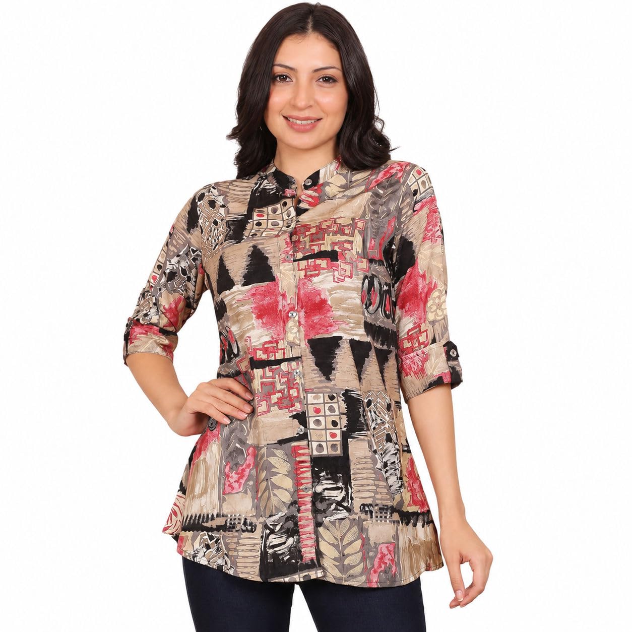 styfun Women's Rayon Printed Short Kurti Top – Ethnic Flared Tunic for Office & Casual Wear – V Neck, Mandarin Collar, Roll-Up Sleeves, Summer Wear, Ideal Gift for Girls-picture-21
