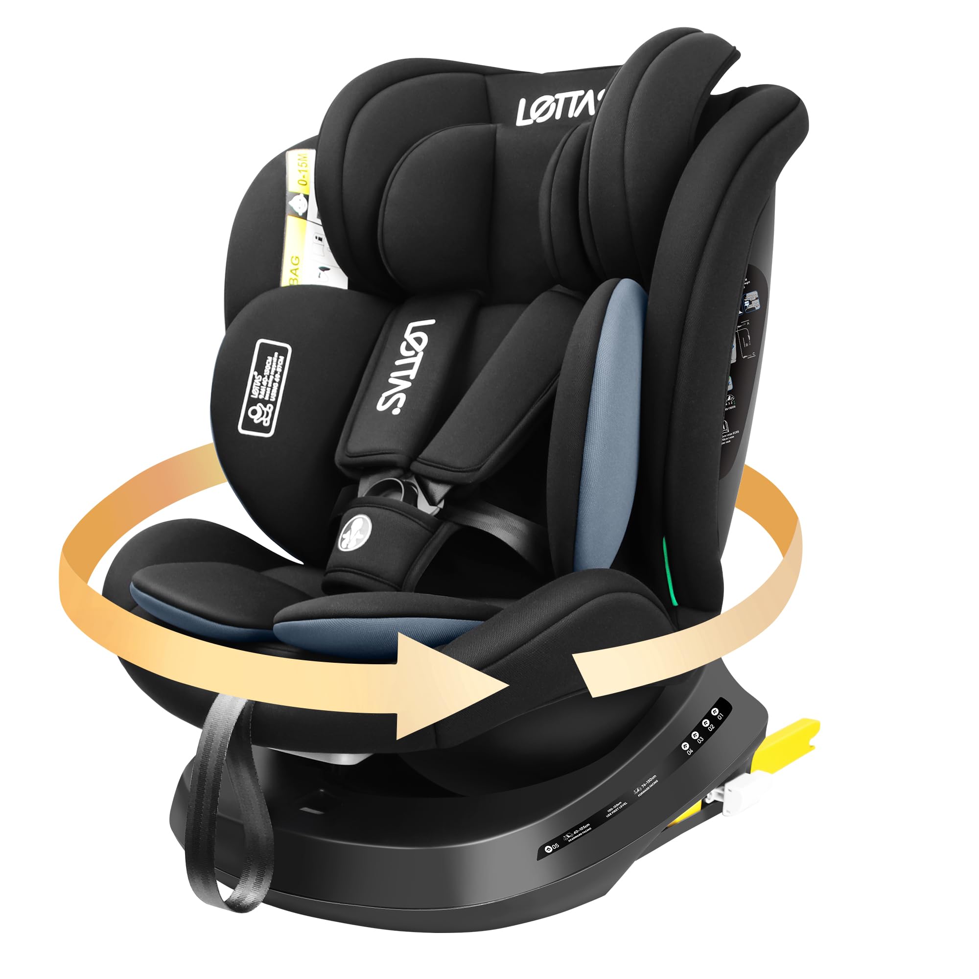 LETTAS i-Size Seggiolino Auto Girevole 360, 0-12 anni, 40-150 cm, con Poggiatesta Regolabile, Isofix e Top Tether ECE R129