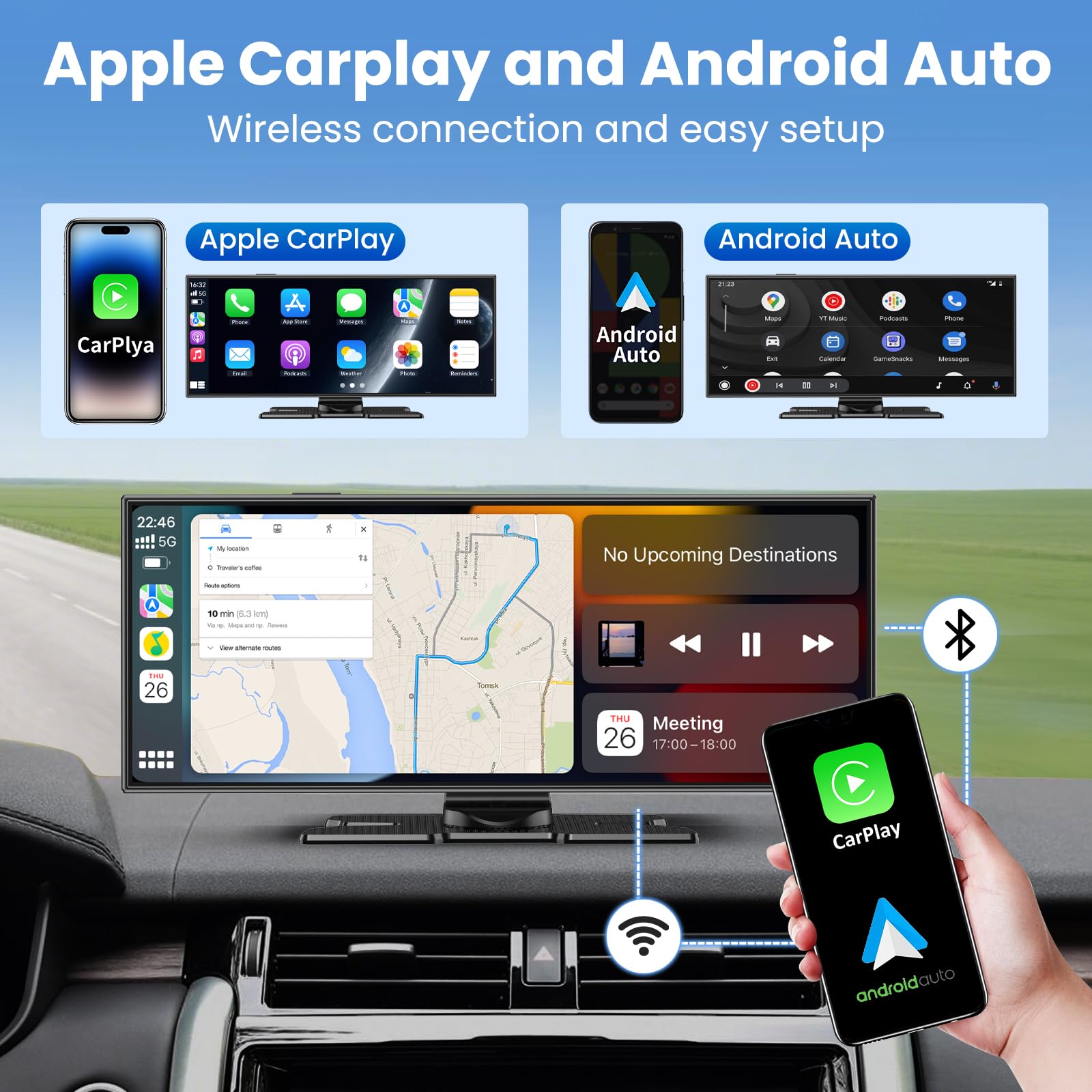 11.5 Zoll CarPlay Display für Apple CarPlay & Android Auto,Car Play IPS Touch Screen Kabelloses Carplay Android Auto Bildschirm mit AUX/FM,4K DashCam,1080P Rückfahrkamera,Mirror Link,Bluetooth