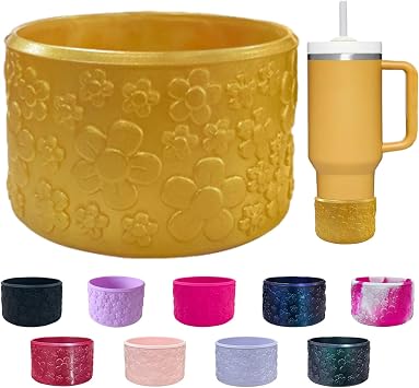 Flower Silicone Boot, for Stanley Cup 40/30/20 oz, Anti-Slip Silicone Boot for Cup Compatible Hydroflask Boot 12-24Oz and More Bottles 2.95in Bottom Protector Gold
