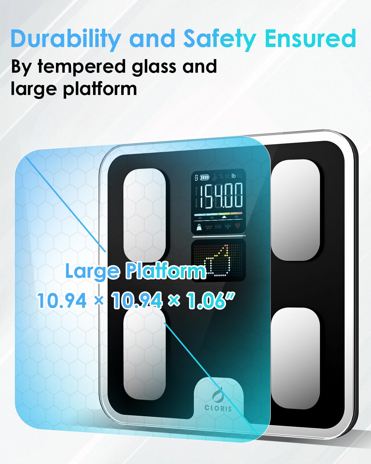 CLORIS Báscula inteligente para grasa de peso corporal, máquina de pesaje digital de baño para un IMC preciso, analizador de salud de composición de masa muscular con aplicación Bluetooth