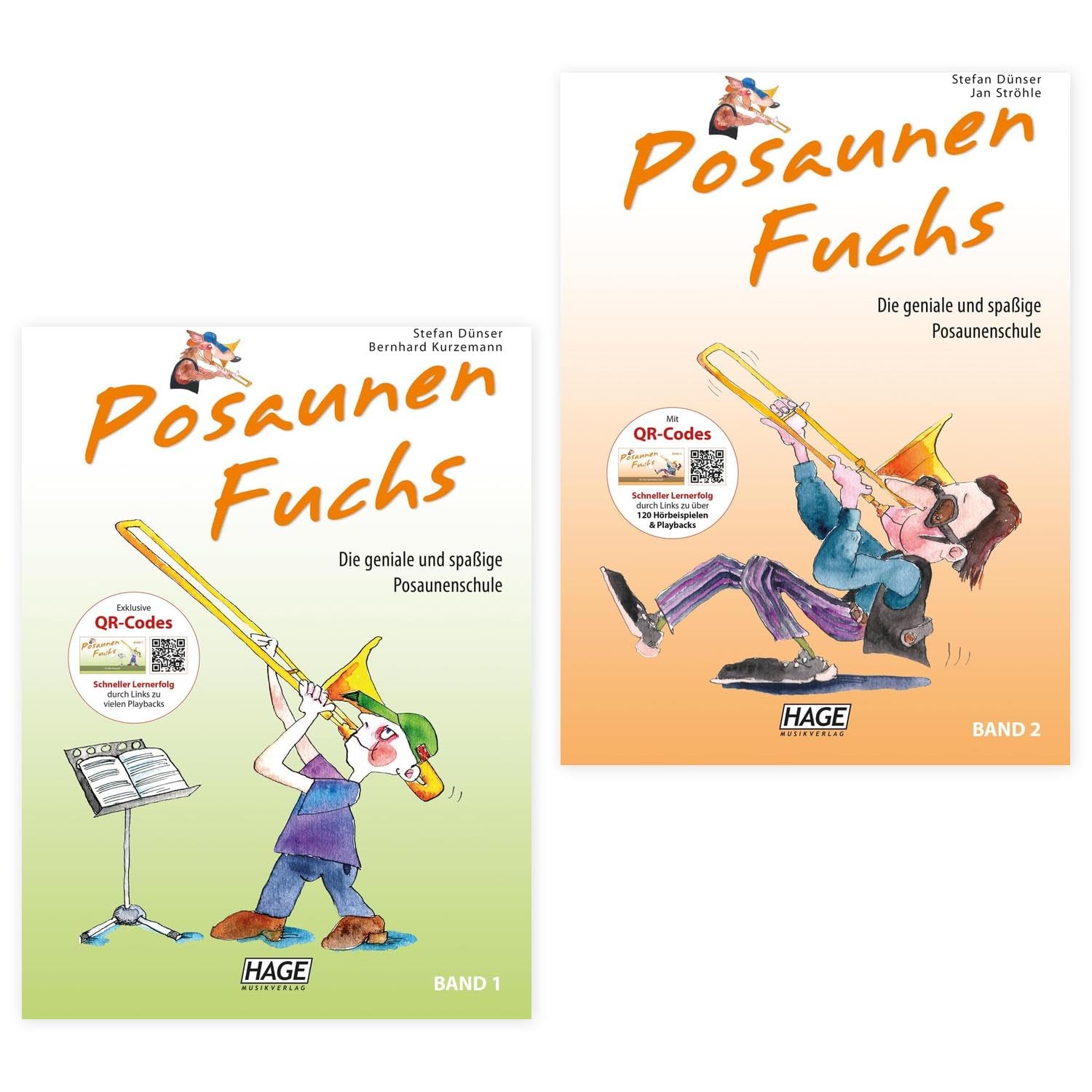 Posaunenfuchs Band 1 + Band 2 | mi QR-Codes | Hage Musikverlag | Stefan Dünser/Jan Ströhle | Posaunen Fuchs EH3811 + EH3812 | ISBN 9783866260818 + 9783866260825 | Soundman Poliertuch