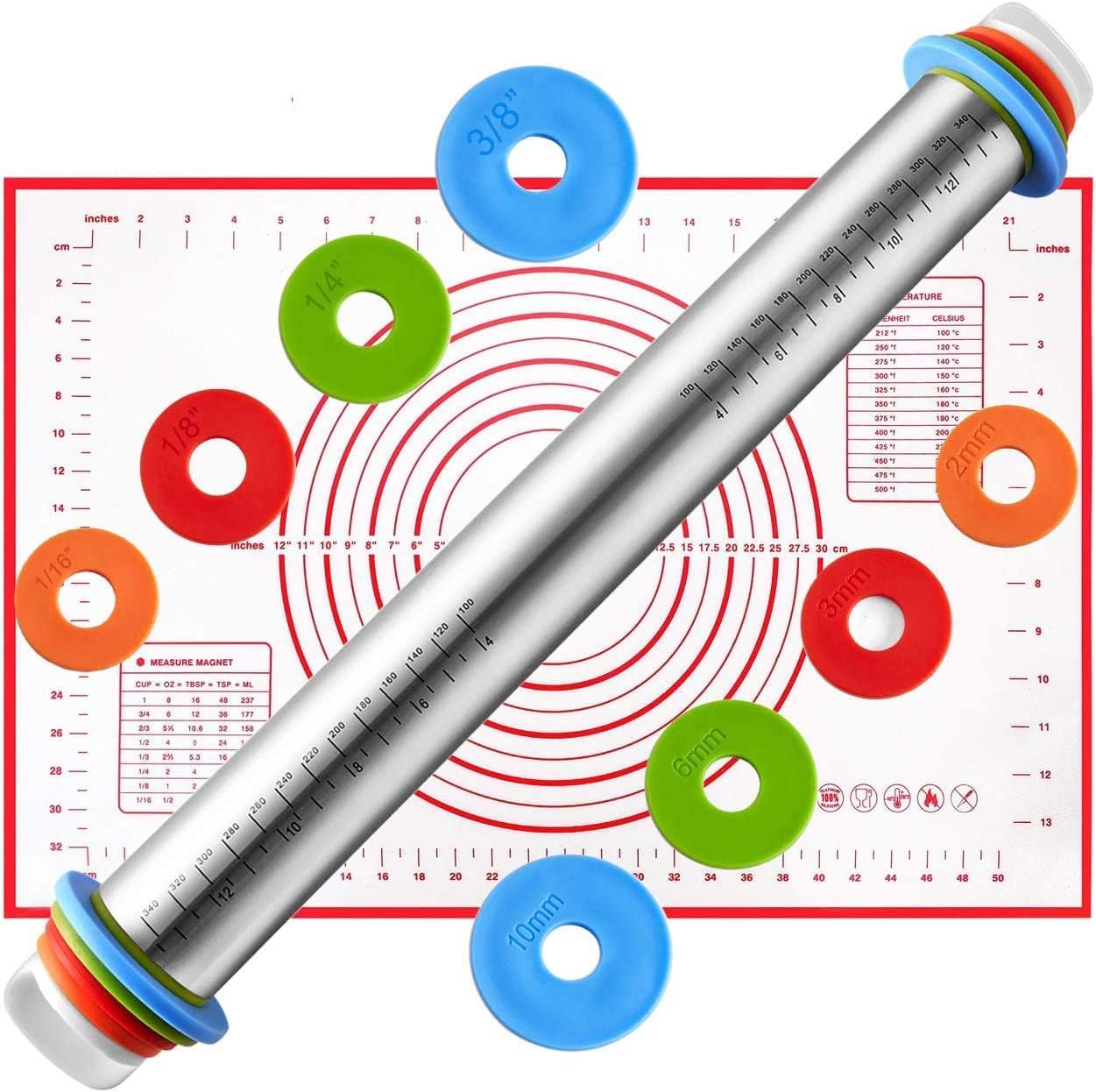 Adjustable Rolling Pin with Thickness Rings Guides - Non Stick - Heavy Duty Stainless Steel French Style Dough Roller for Baking Pizza Pie Pastries and Cookies（Random Color）