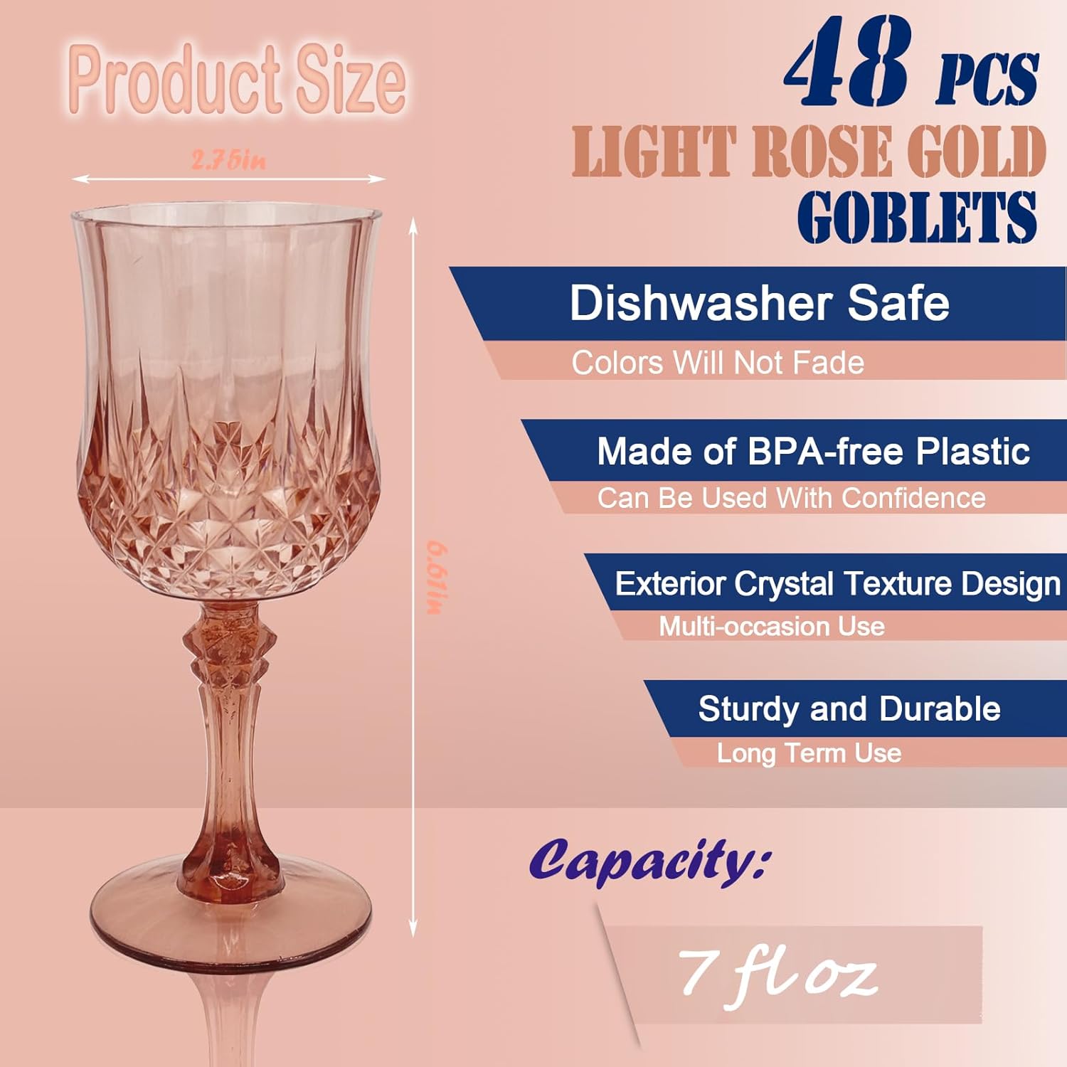 48 PCS Rose Gold Plastic Wine Glasses，Cordial Glasses，Goblets，Can be Used for Weddings, Everyday Fun Parties and More!