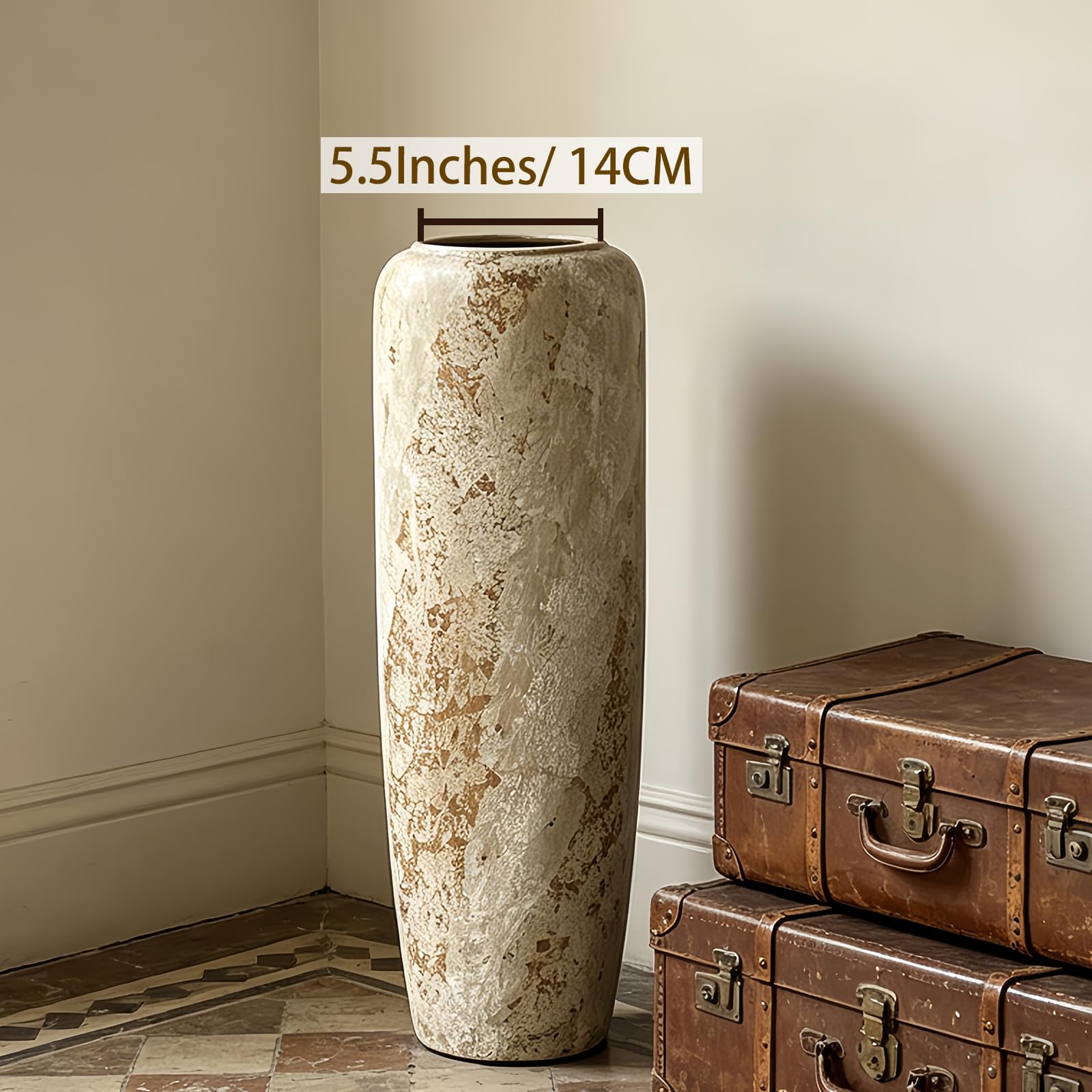 Boho Bodenvase aus Keramik, 60 cm, Rustikale Vintage Vase für Wohnzimmer Dekoration, Pampasgras oder Trockenblumen, Perfekt für Regale und Tische