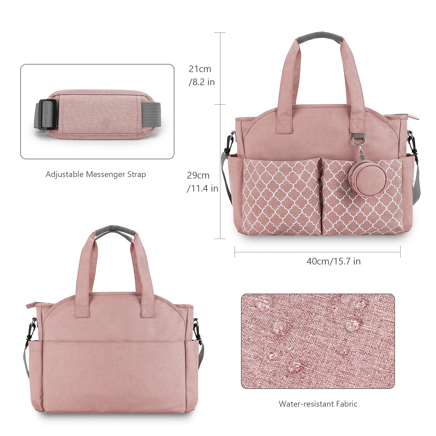 Lmbabter Borsa per pannolini con fasciatoio multifunzione con tracolla regolabile, Rosa, One Size