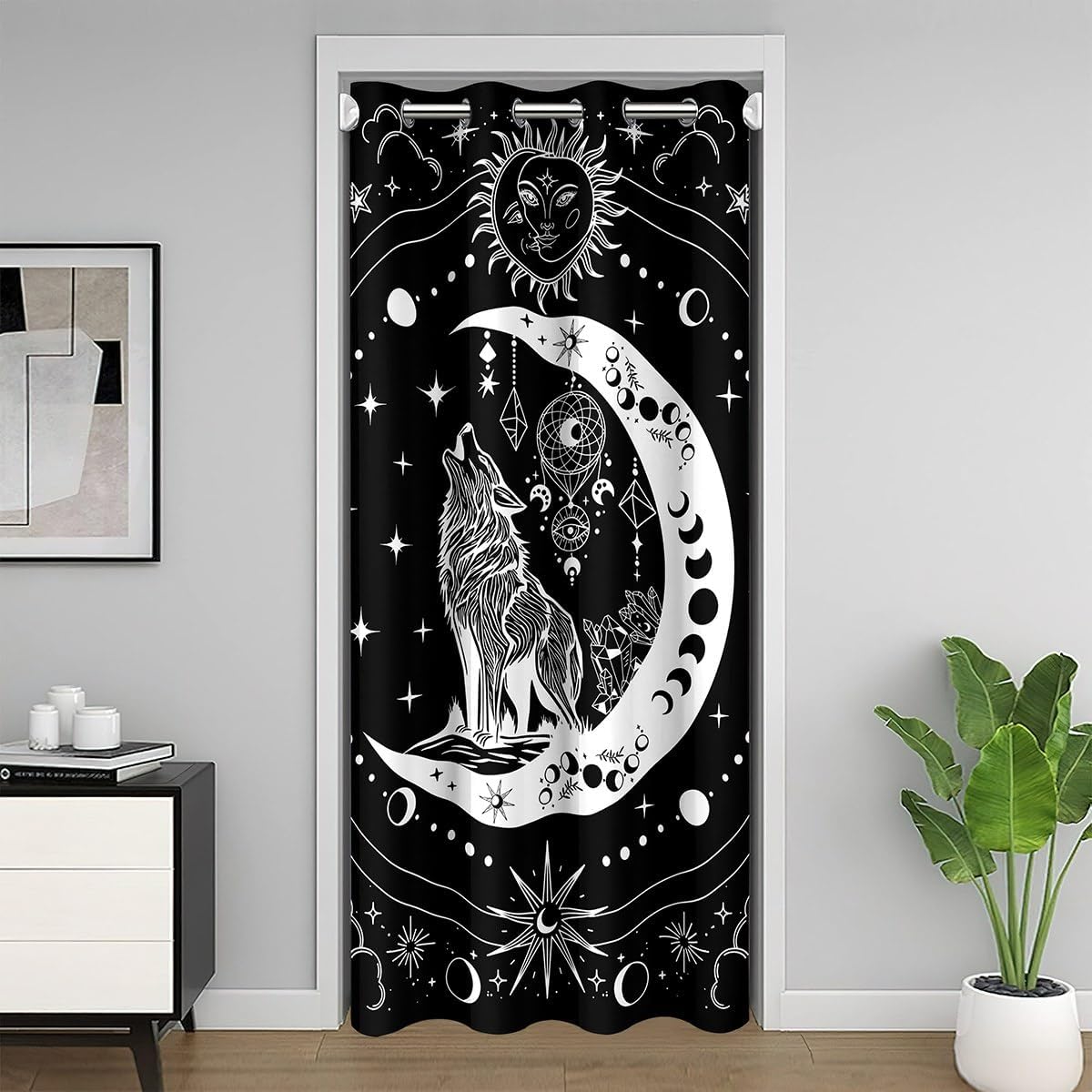 Exotic Moon Wolf Door Curtain 34"W X 80"L Glitter Stars Black White Stars Planets Doorway Curtain Privacy for Kids Teens Adults Cartoon Dreamcatcher Sun Wild Animal Curtain Drape for Bedroom Doors