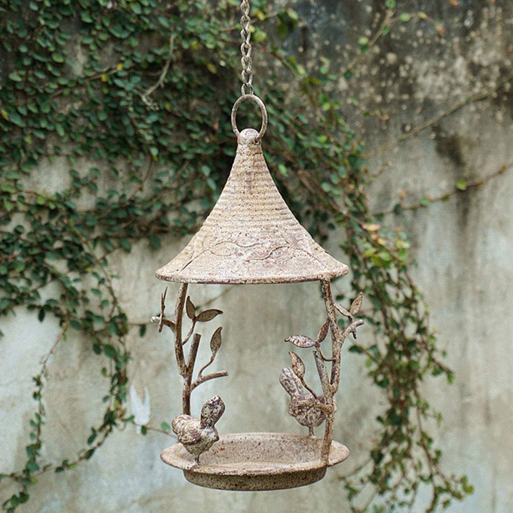 Baño de metal para pájaros con cadena colgante y dos pájaros decorativos para pájaros silvestres al aire libre, comedero para patios, comederos