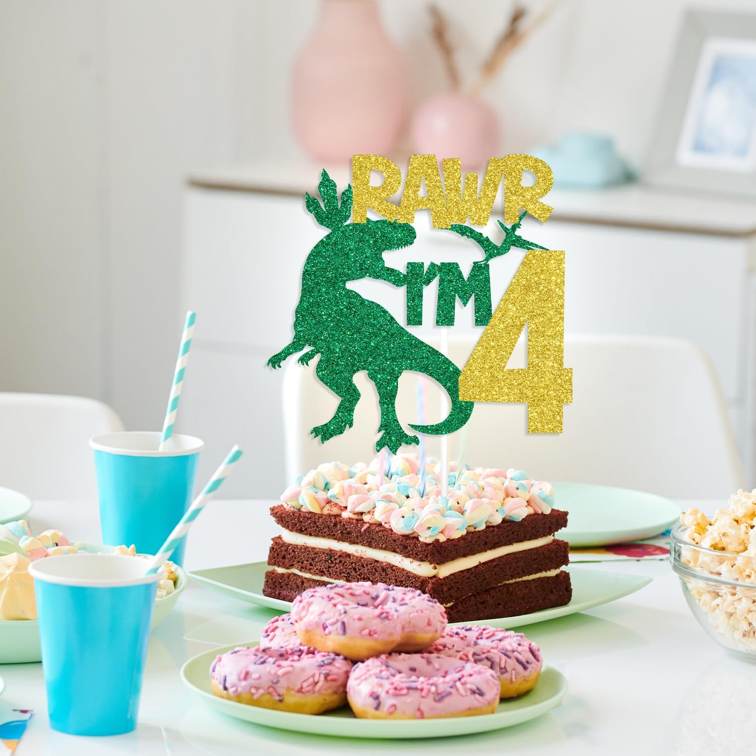 Rawr I’m 4 Cake Topper, Happy 4th Birthday Cake Decor for Boys, Four Rex, Dinosaur Jungle Safari Theme 4th Birthday Party Decorations Supplies Green Glitter - Image 4