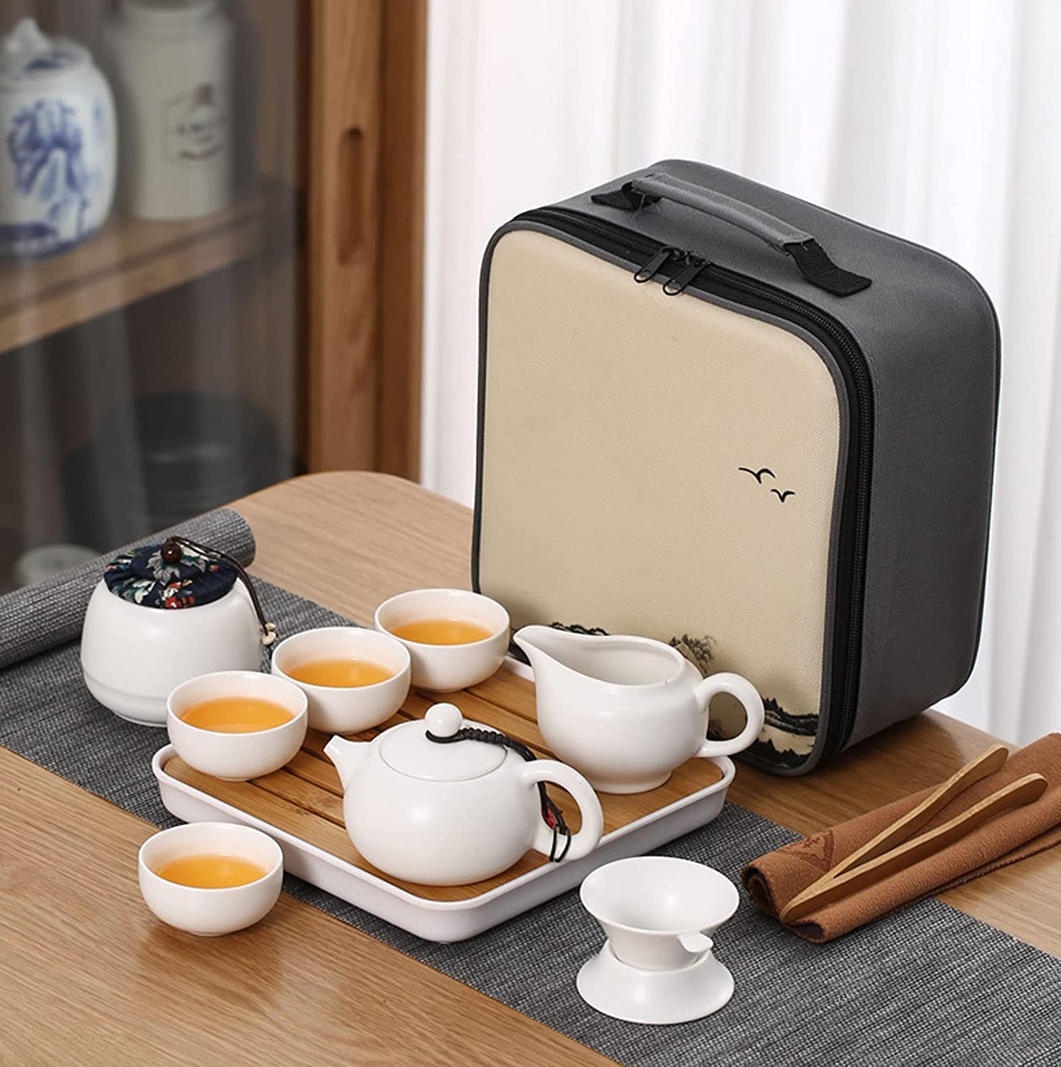 TAMUME Service à Thé De Voyage Porcelaine - Théière 3 Tasses Cuillère Pochette Portable Blanc