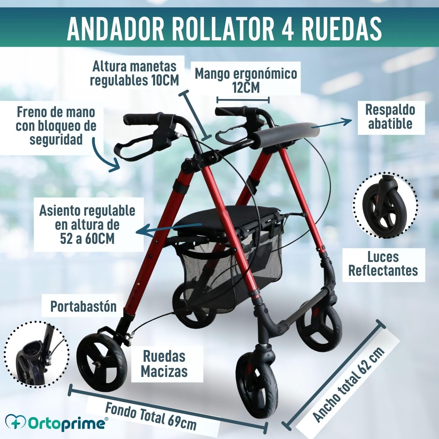 OrtoPrime Andador para Ancianos ASIENTO ALTURA REGULABLE Andador Adultos con Cesta Andadores Adultos PLEGABLE - Andador con asiento Tacataca Ancianos - Caminador Personas Mayores ROLLATOR 4 Ruedas