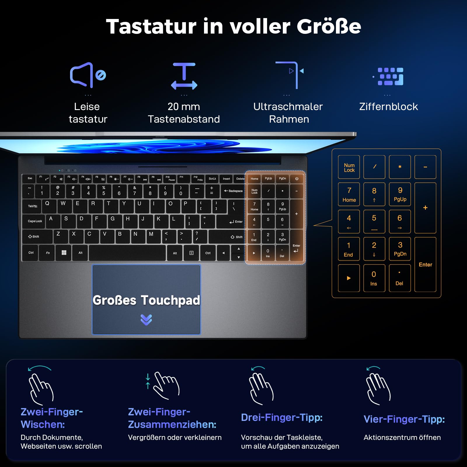 BMAX Laptop 15.6 Zoll Full HD Display N95 CPU 4 x 3.4 GHz 512GB SSD 12GB LPDDR5 USB3.2x2 HDMI Webcam Bluetooth WLAN Win11 Pro 64 Bit Notebook für Schüler und Büro mit Deutsche Tastaturschutzfolie