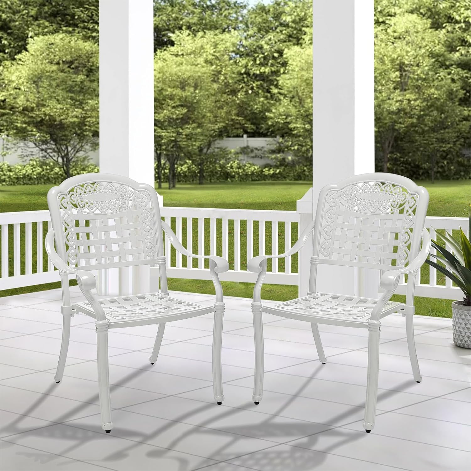 VIVIJASON 2-Piece Outdoor Cast Aluminum Chairs, Patio Armrest Dining Chairs for Garden, Poolside, Backyard, White