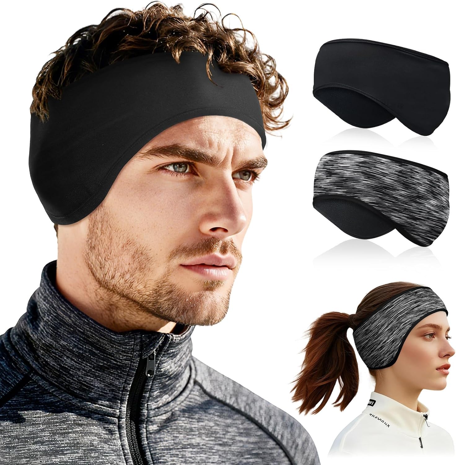 Galox Ear Warmers, 2 Pack Earmuffs Fleece Earmuffs Winter Ear Covers Moisture Wicking Sweatband Ski Sport Headband for Men & Women (Black, Gray)-image-15
