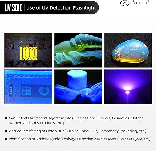 Miniatura 6 de LIGHTFE Linterna de luz negra de 365 nm con salida de alta potencia, haz puro para luz de curación de pegamento UV, brillo fluorescente de roca y