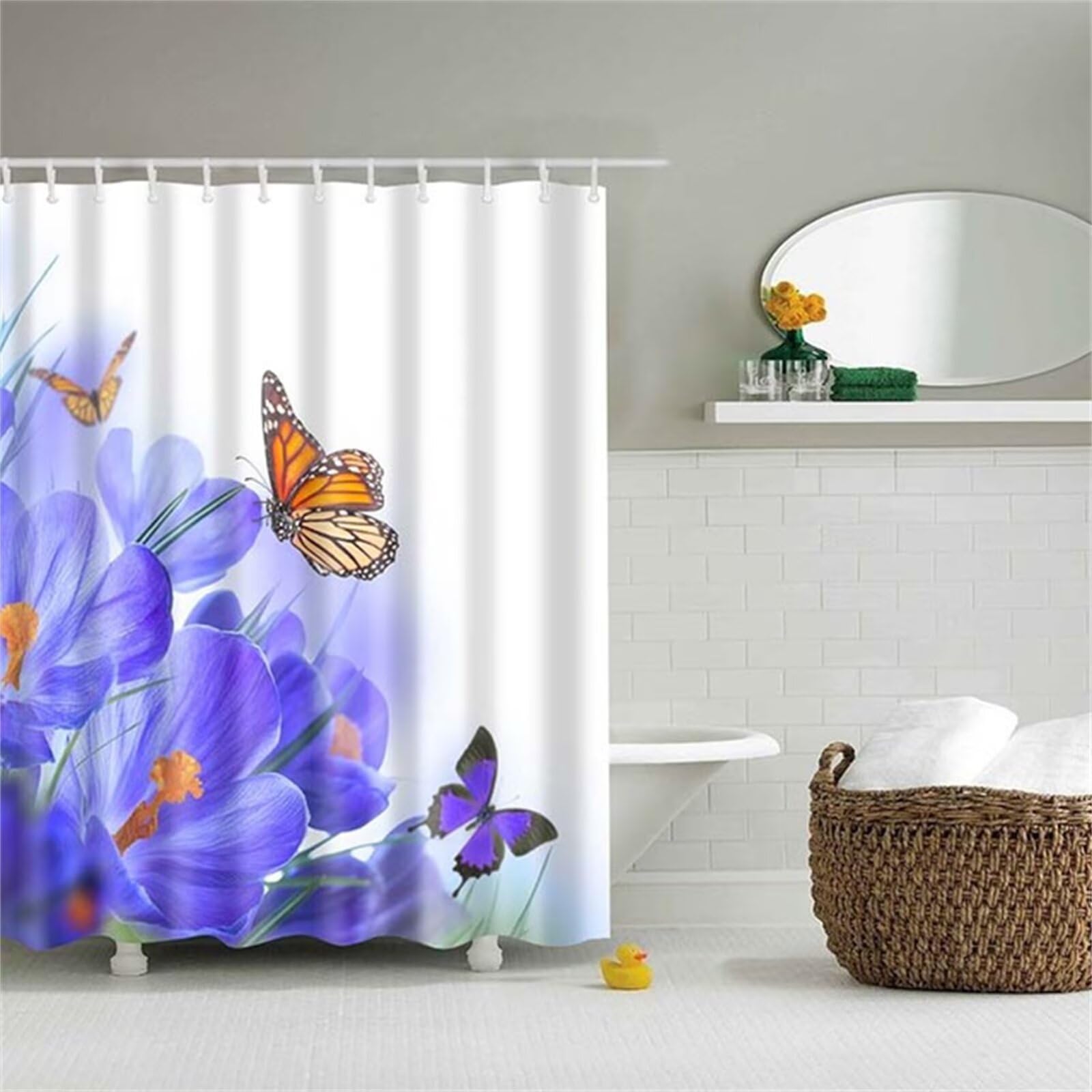 Fleurs violettes Rideau Douche W300cm x L200cm Rideaux de Douche Anti Moisissure Tissu Imperméable avec Crochets,Rideaux Lourd Polyester Lavable,3D Shower Curtain Baignoire Salle de Bains Decor M-236