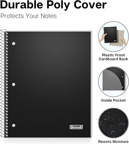 Miniatura 3 de Dunwell Cuaderno de espiral de 1 materia de 8.5 x 11 pulgadas, cubierta de plástico negro, 100 hojas, cuaderno de una materia con papel perforado,