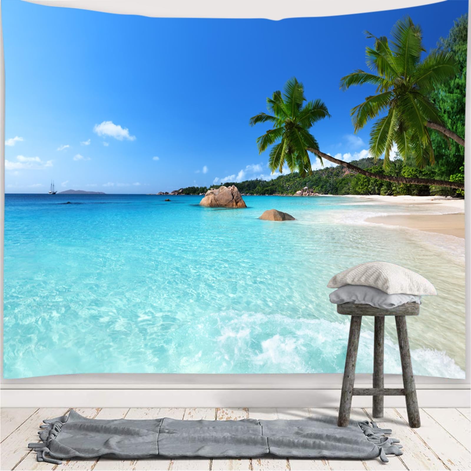 skcess Arazzo da parete 260 x 240 cm, oceano spiaggia, in poliestere, tappezzeria blu cielo naturale, per soggiorno, dormitorio, decorazione per la casa