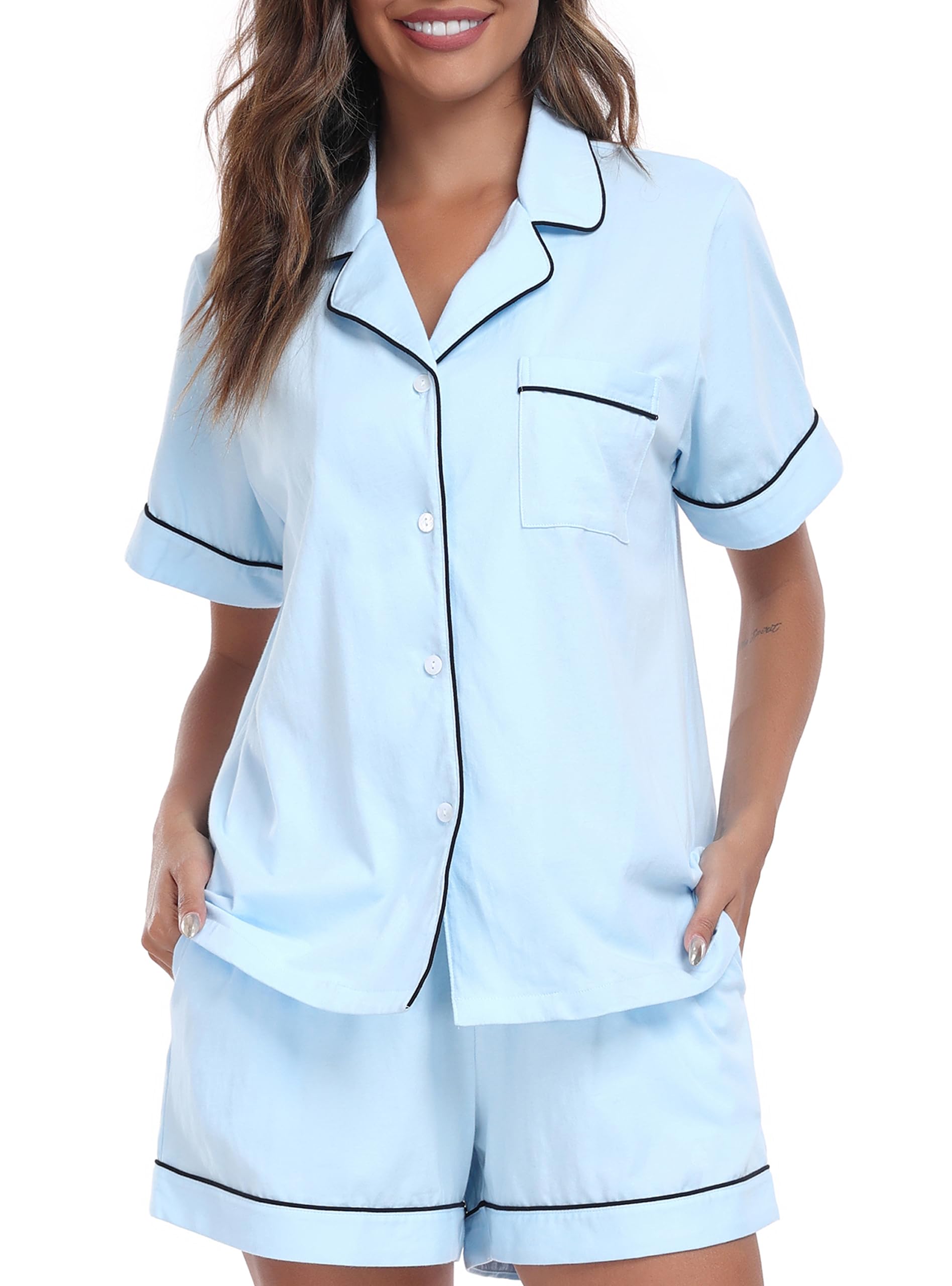 EA'S SECRET 100% Baumwolle Damen Pyjama Sommer V-Ausschnitt Button Schlafanzug Damen Kurz 2-teiliges mit Taschen S-XXL