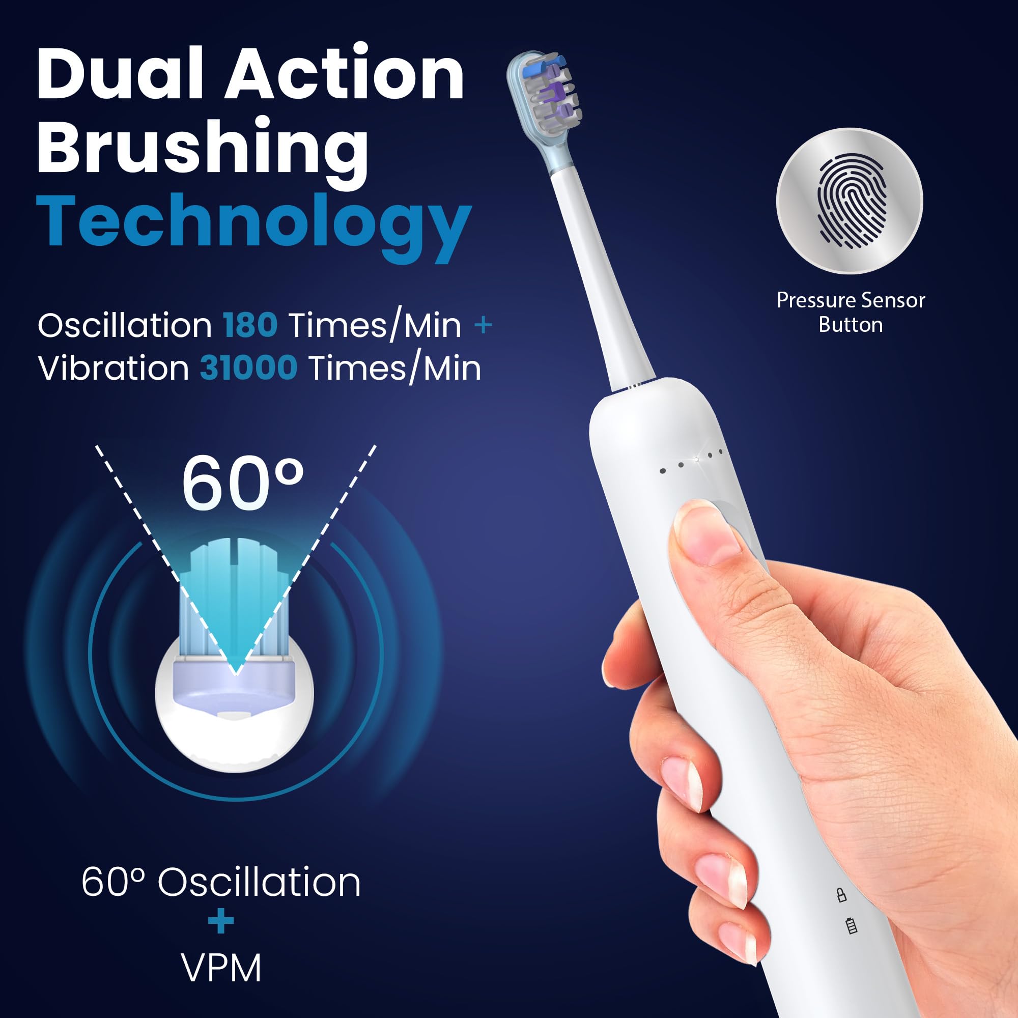 Cepillo de dientes eléctrico Sonic para adultos, cepillo de dientes recargable con 31.000 VPM y 180 oscilaciones/min, 5 modos, modo de vuelo, 6 cabezales de cepillo, estuche de viaje, cargador