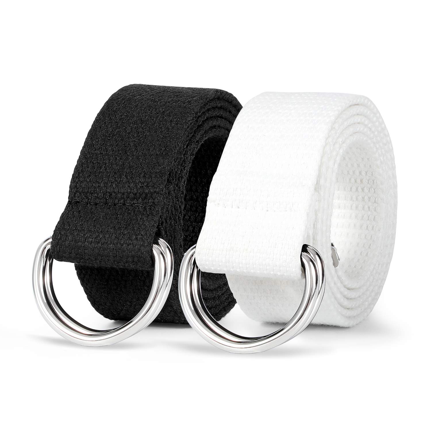 LEACOOLKEY Men Women Double D Ring Canvas Belt with Sliver Buckle Casual Web Fabric Belts Military Belt for Men, A-black+white, Fit Waist Size 28"-35"
