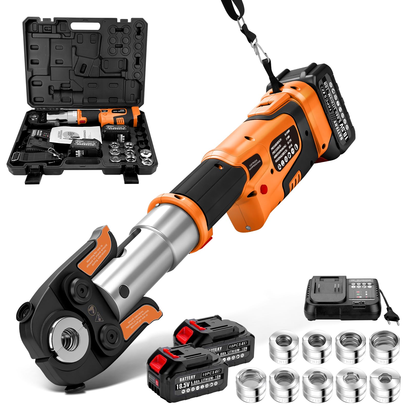 18V Offene Zange Akku Presszangen Set mit 2*Akkus und Schnellladegerät | Akku Rohrpresswerkzeug incl.CR V12 V15 V18 V22 V28 Und TH16 TH20 TH26 TH32 für Kupferrohr,Edelstahlrohr,Verbundrohr Orange