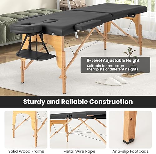 Miniatura 8 de Giantex Mesa de masaje, cama de masaje portátil con funda de transporte, 2 secciones de salón de spa, cama de tatuaje de cuidado facial, altura