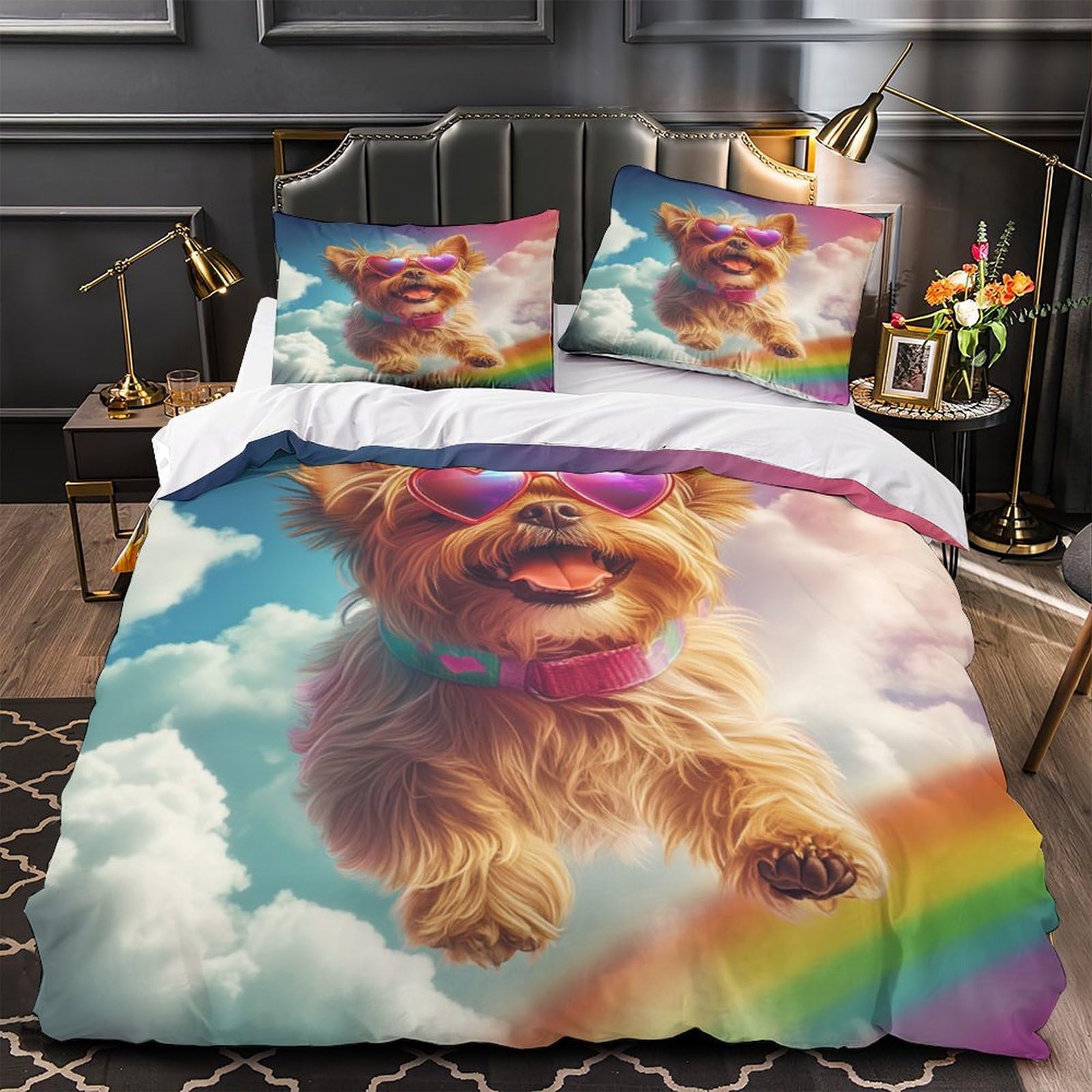 Drap de couette chien mignon 3D microfibre anti-tache avec 2 taies d'oreiller