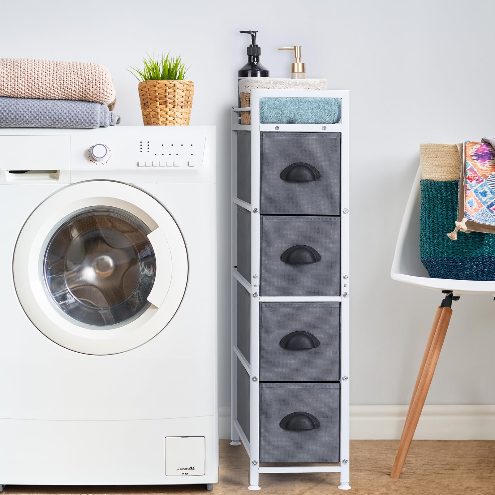 HAITRAL Narrow Dresser - 4 Drawers Slim Fabric Storage Cabinet - Vertical Standing Storage Chest - Gaps Tower Organizer with Removable Drawers and Wooden top for Laundry,Closet,Living Room,Entryway