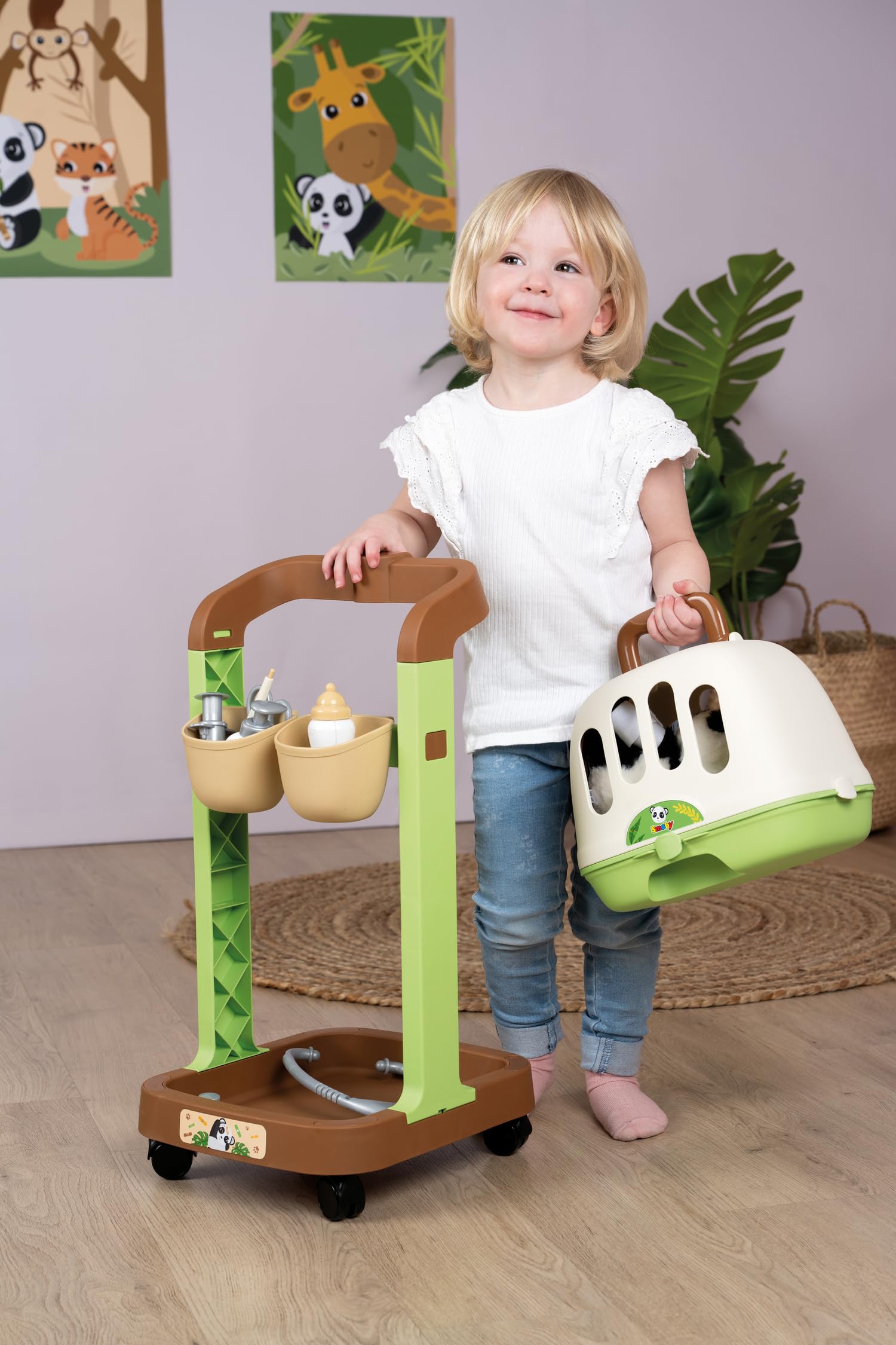 Smoby - Chariot Vétérinaire - avec Peluche Panda - Mallette 2 en 1 - 7 Accessoires Inclus - Dès 3 Ans - Fabriqué en France