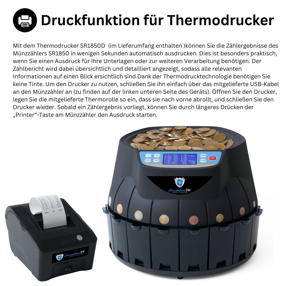 Münzzähler Euro SR1850 mit Drucker Securina24® (schwarz mit Drucker)
